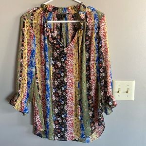 Buckle OLM Floral Striped Boho Ruffle Trim Top